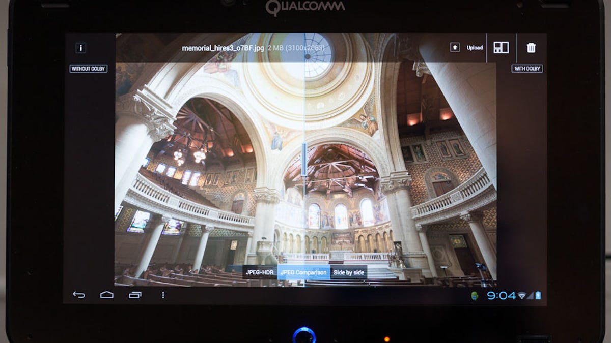 Qualcomm demonstrated JPEG-HDR, a Dolby Laboratories technology for capturing and showing a better range of dark and light tones than ordinary cameras can handle, on an Android tablet at Mobile World Congress. The demo showed an image of a church interior; on the left is the ordinary JPEG image and on the right is Dolby&apos;s tone-mapped view constructed from multiple exposures ranging in brightness.