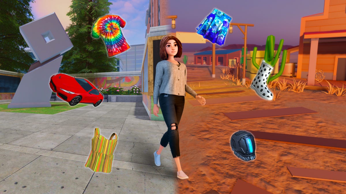 An avatar walking between video game worlds with items surrounding her