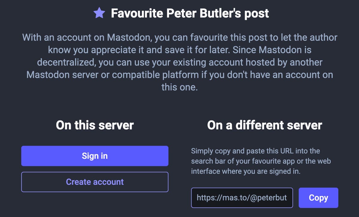 A dialog box shows how Mastodon's federated design can slow routine social network interactions like favoriting a post