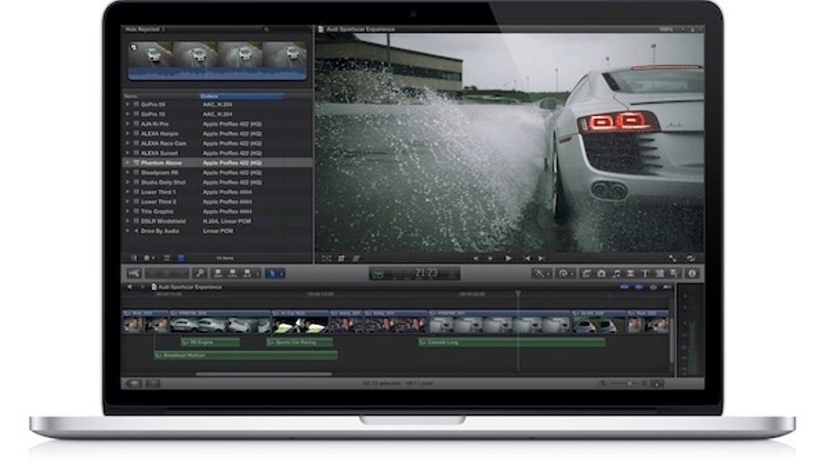 Apple's Final Cut Pro X screen which can now show full 1080P HD video in the top right corner.