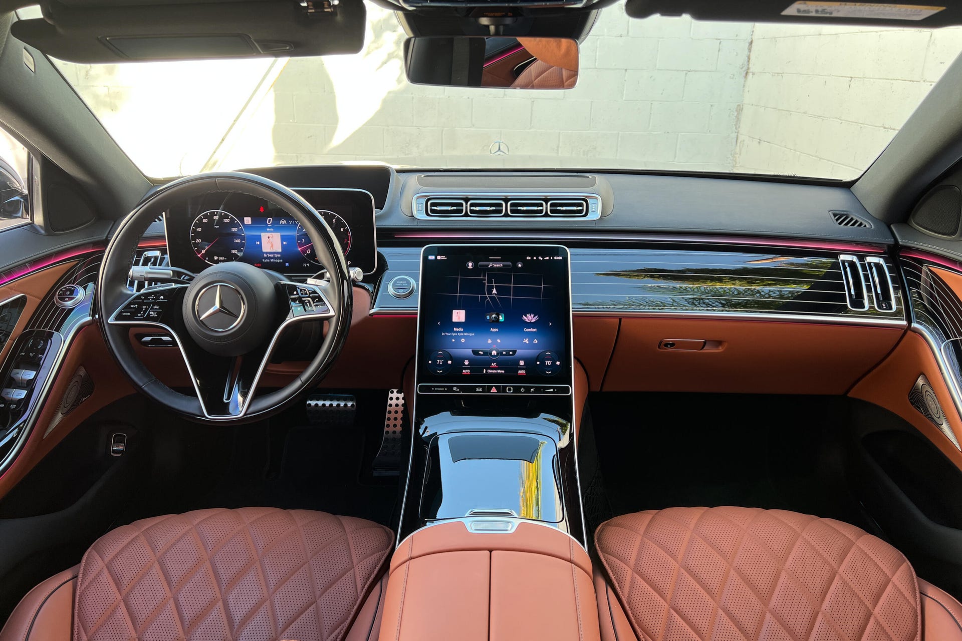Interior of a 2022 Mercedes-Benz S500 with brown leather