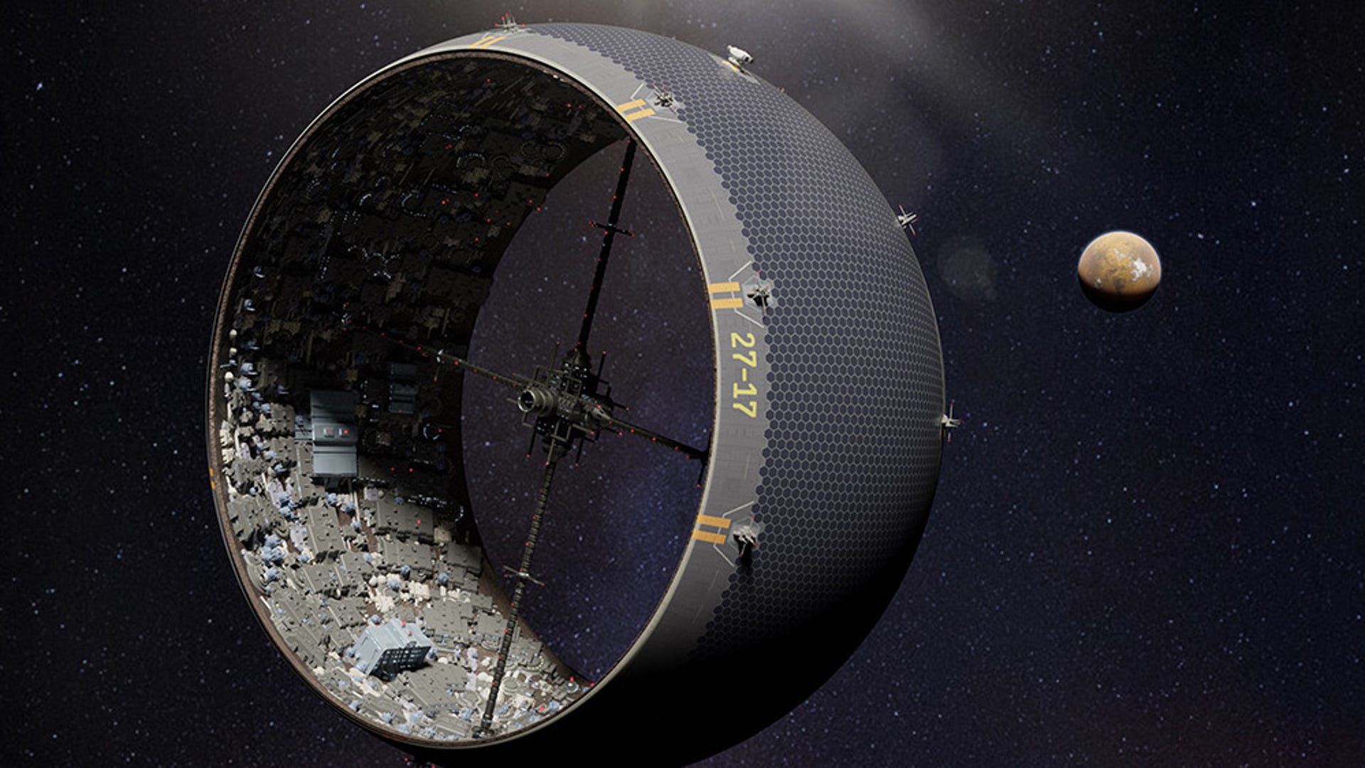 Illustrations shows an open cylindrical city inside a mesh-covered asteroid with a planet in the distance.