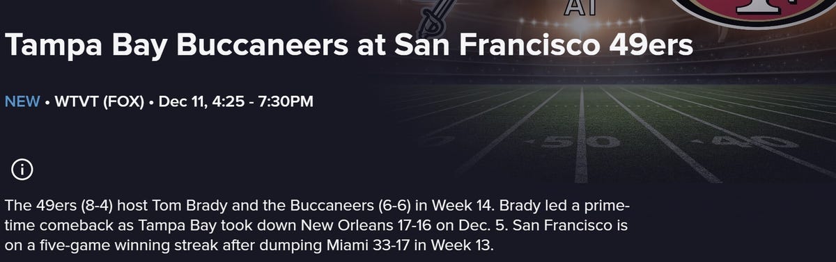 A TV program guide listing for the Bucs vs. the 49ers on Fox.