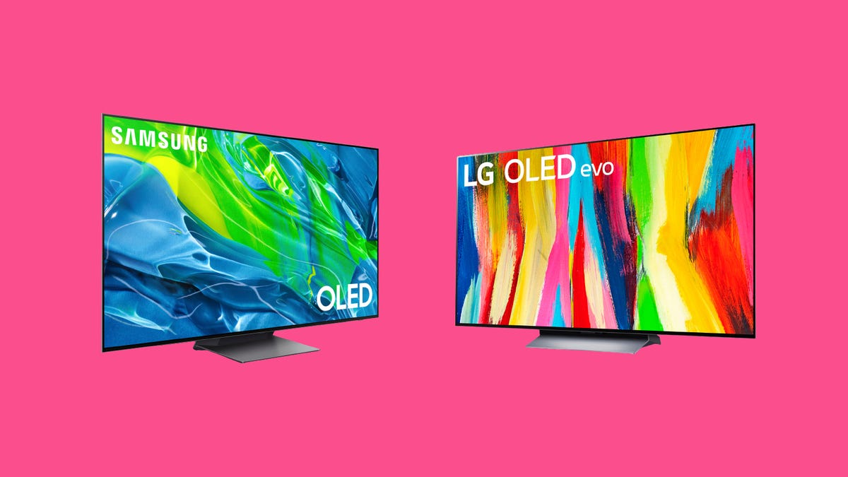 A Samsung TV and an LG TV are displayed against a pink background.