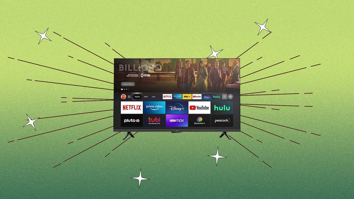 The Amazon Fire TV Omni is displayed against a green background.