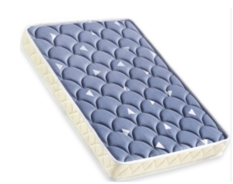 A recalled infant mattress in light blue with white triangles