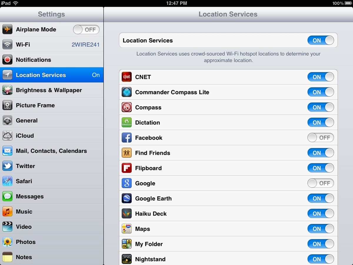 iPad Location Services settings