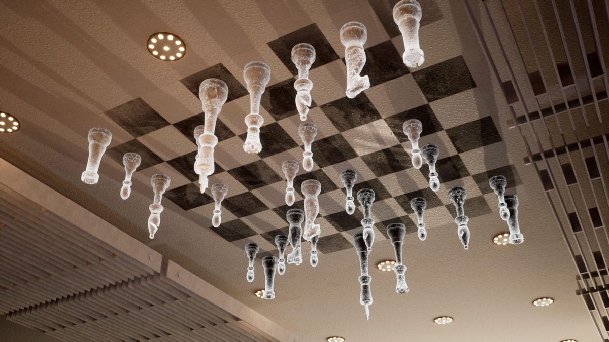 A ghostly chess set defies gravity on a ceiling