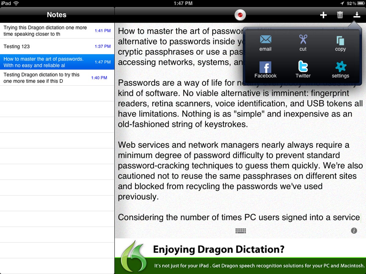 Dragon Dictation speech-to-text app for iPad