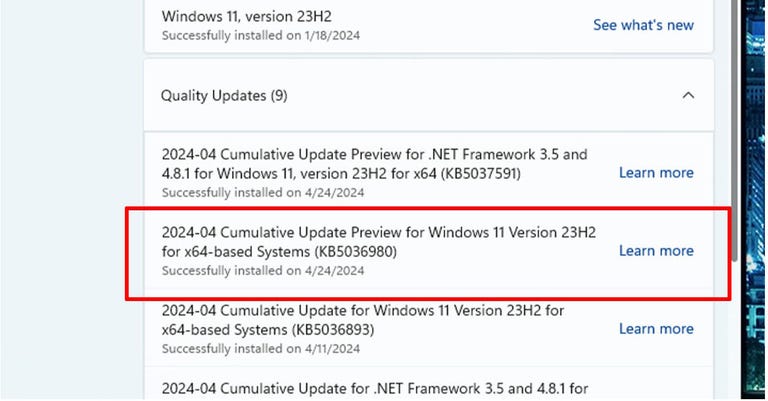 Screenshot⁢ showing Windows 11 update