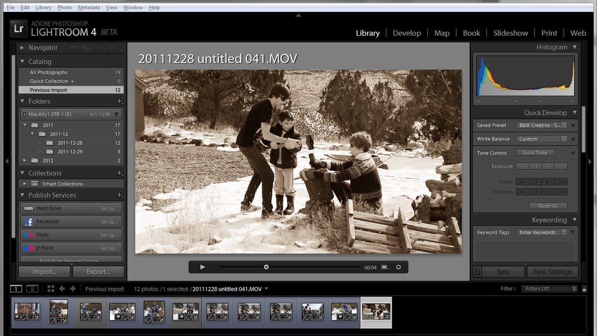 Lightroom 4 lets people edit video with presets such as this an old-style sepia tone look.
