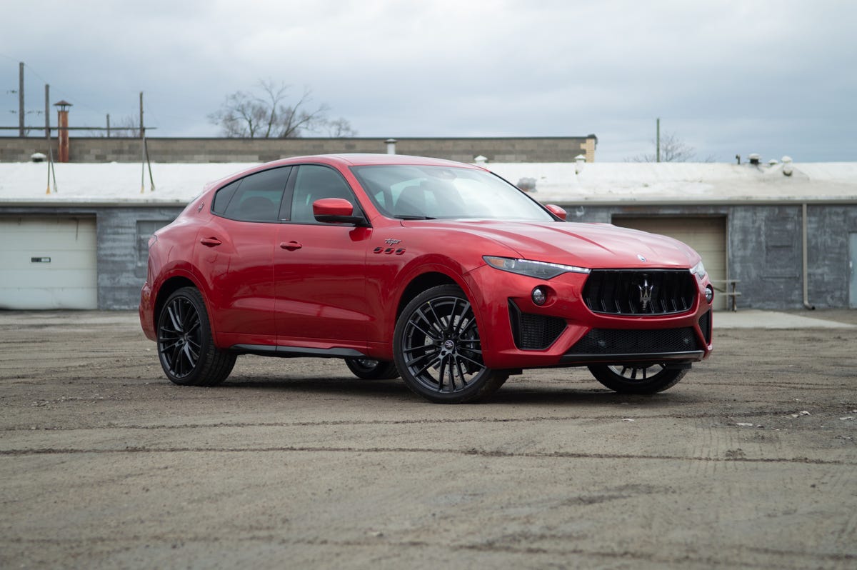 2022 Maserati Levante Trofeo in red, seen from the passenger side front quarter