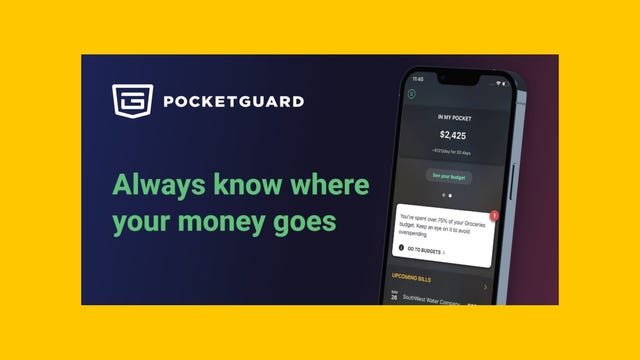 PocketGuard logo and phone on yellow background