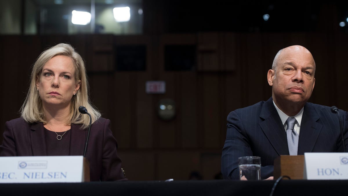 US Secretary of Homeland Security Kirstjen Nielsen and her predecessor Jeh Johnson testify about election security during a Senate Select Intelligence Committee hearing