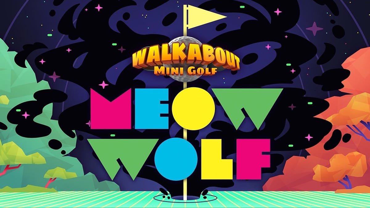 Meow Wolf and Walkabout Mini Golf logos on a golf course background