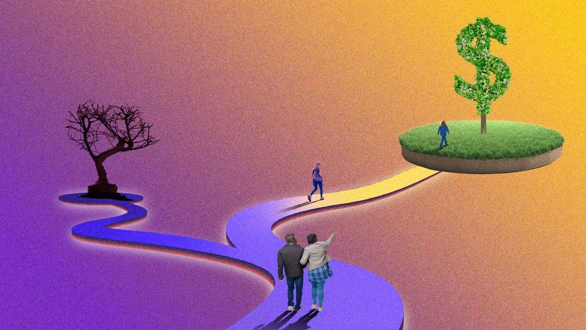 graphic of people walking toward a money tree, away from a dark path