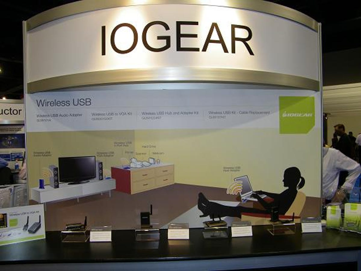 IOGEAR was showing commercial devices with Wireless USB, including a Wireless USB audio adapter and a Wireless USB to VGA kit that makes monitors wireless.