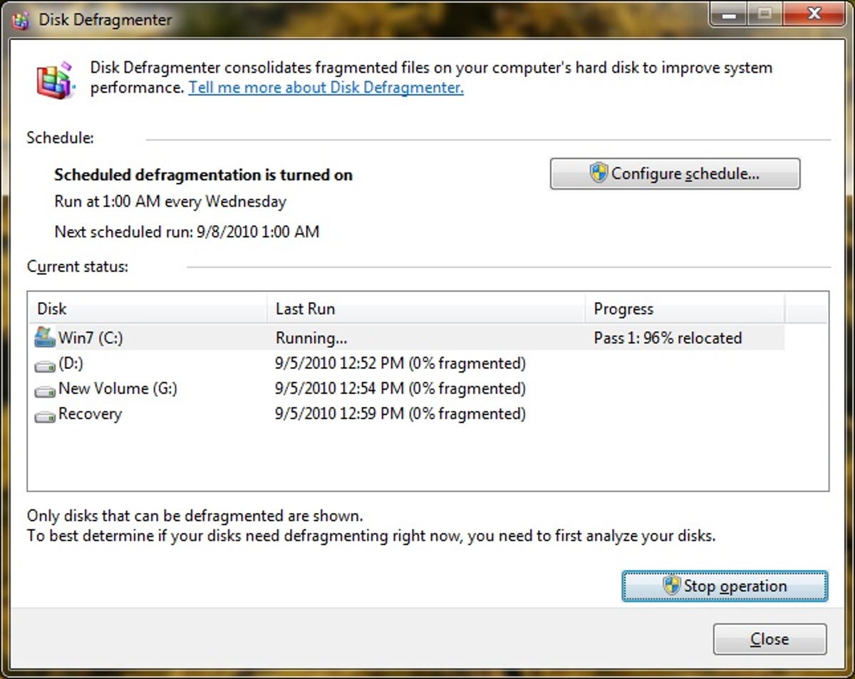 Windows 7 Disk Defragmenter utility