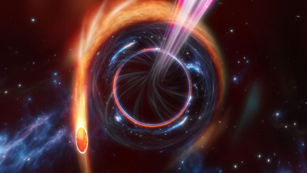 A star blazes a yellow-orange trailer around a black hole, which is shooting a jet of pink light toward the viewer
