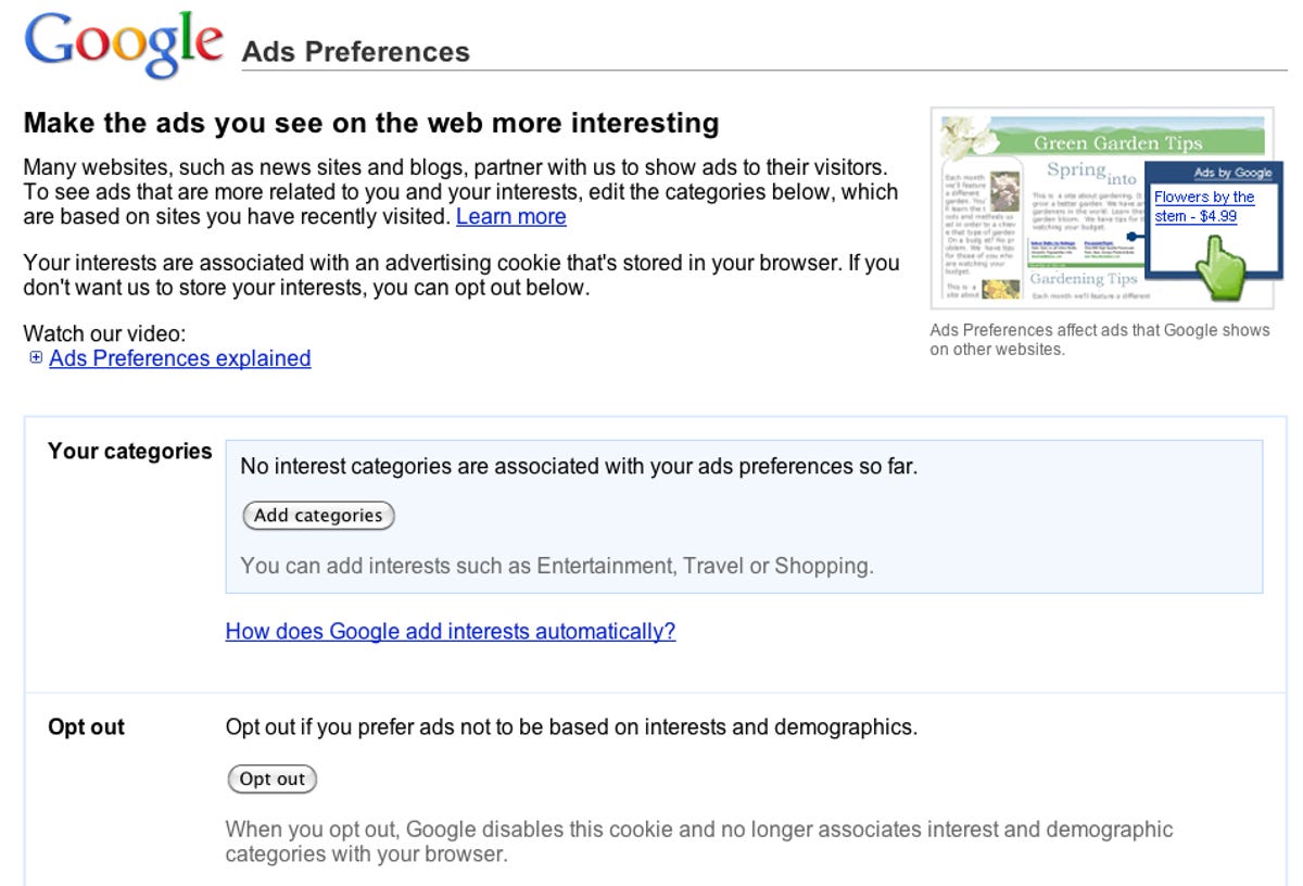 Google Ad Preferences Manager categories and opt-out options