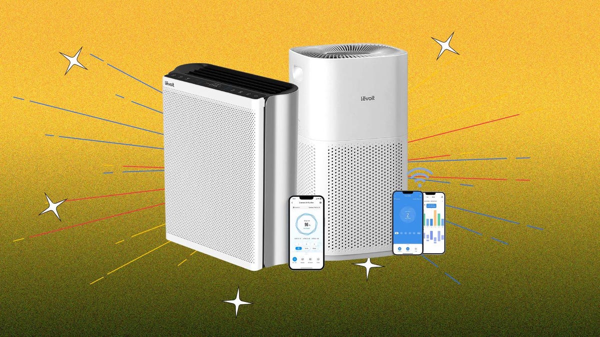 Two Levoit air purifier models are displayed against a yellow background.