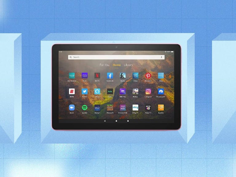 A Fire HD 10 tablet against a blue background.