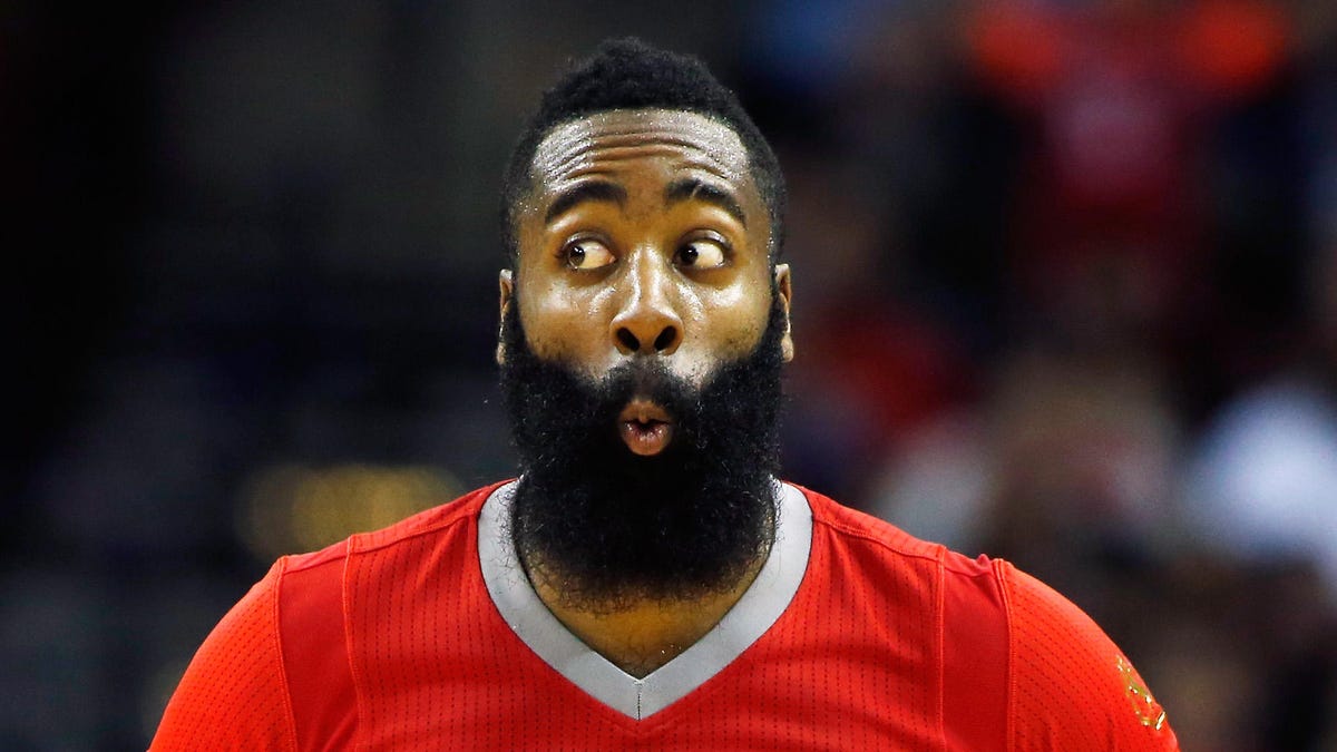 Player James Harden makes a funny face of surprise