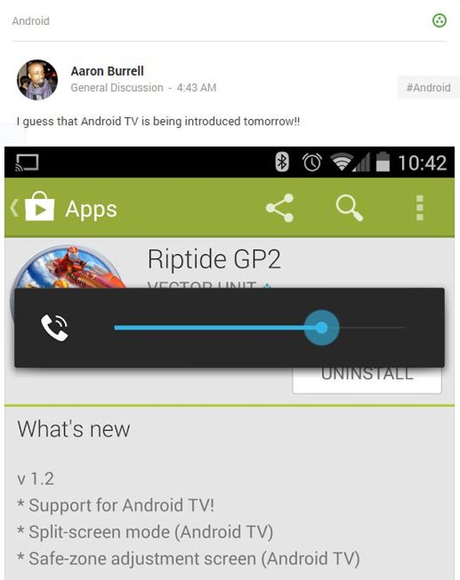 An update to Riptide GP2 shows support for Google's Android TV in this screenshot from Aaron Burrell.