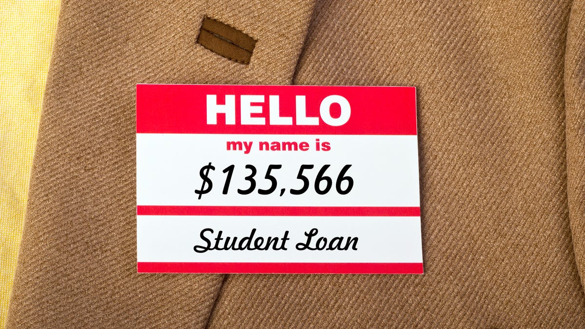 name tag with student loan amount on it.
