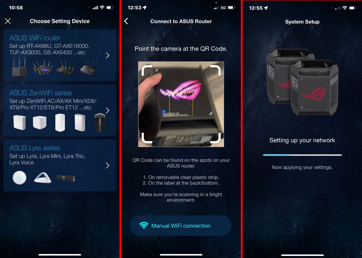 A series of screenshots shows the in-app setup process for the Asus Rog Rapture GT6 mesh gaming router. 