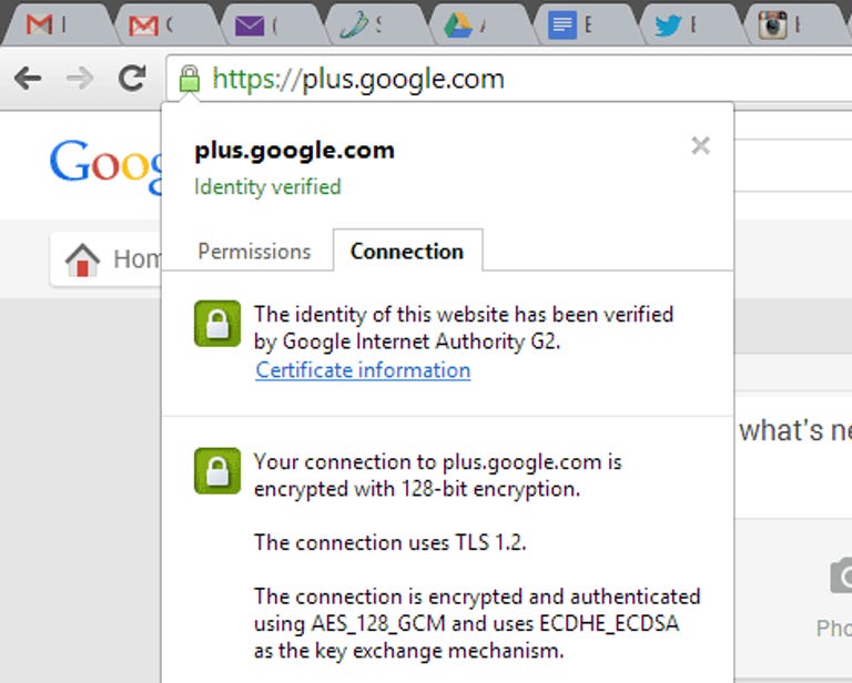 Clicking on Chrome's green lock icon in the address bar lets you see details of the encryption used for a secure connection.