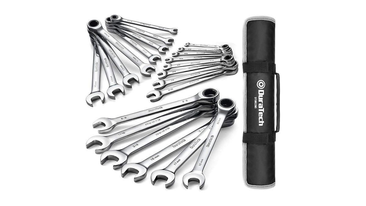 A 22-piece DuraTech ratcheting combination wrench set with carrying bag is displayed on a white background.