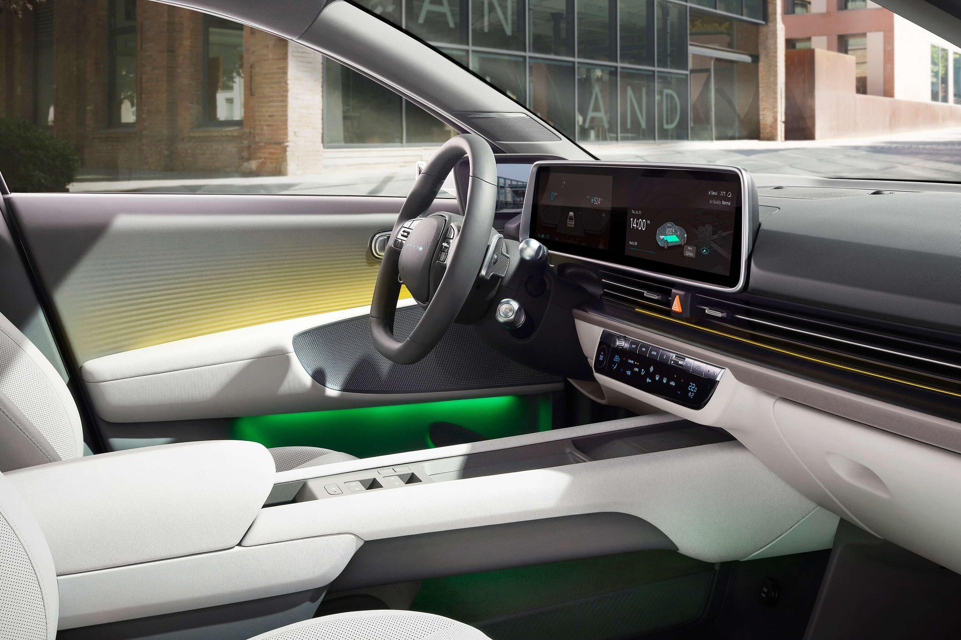 Interior photo of the 2023 Hyundai Ioniq 6 EV's door panel and center console