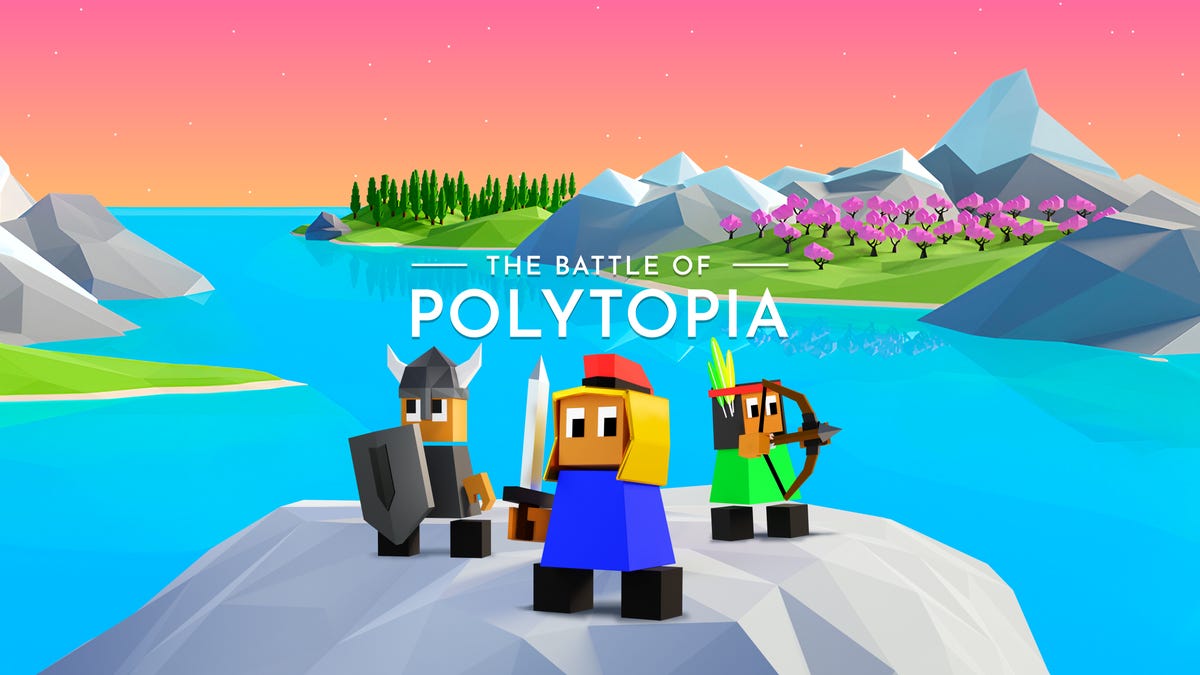 Battle of Polytopia title card showing three figures standing on a cliff and holding swords, bows and arrows and a shield