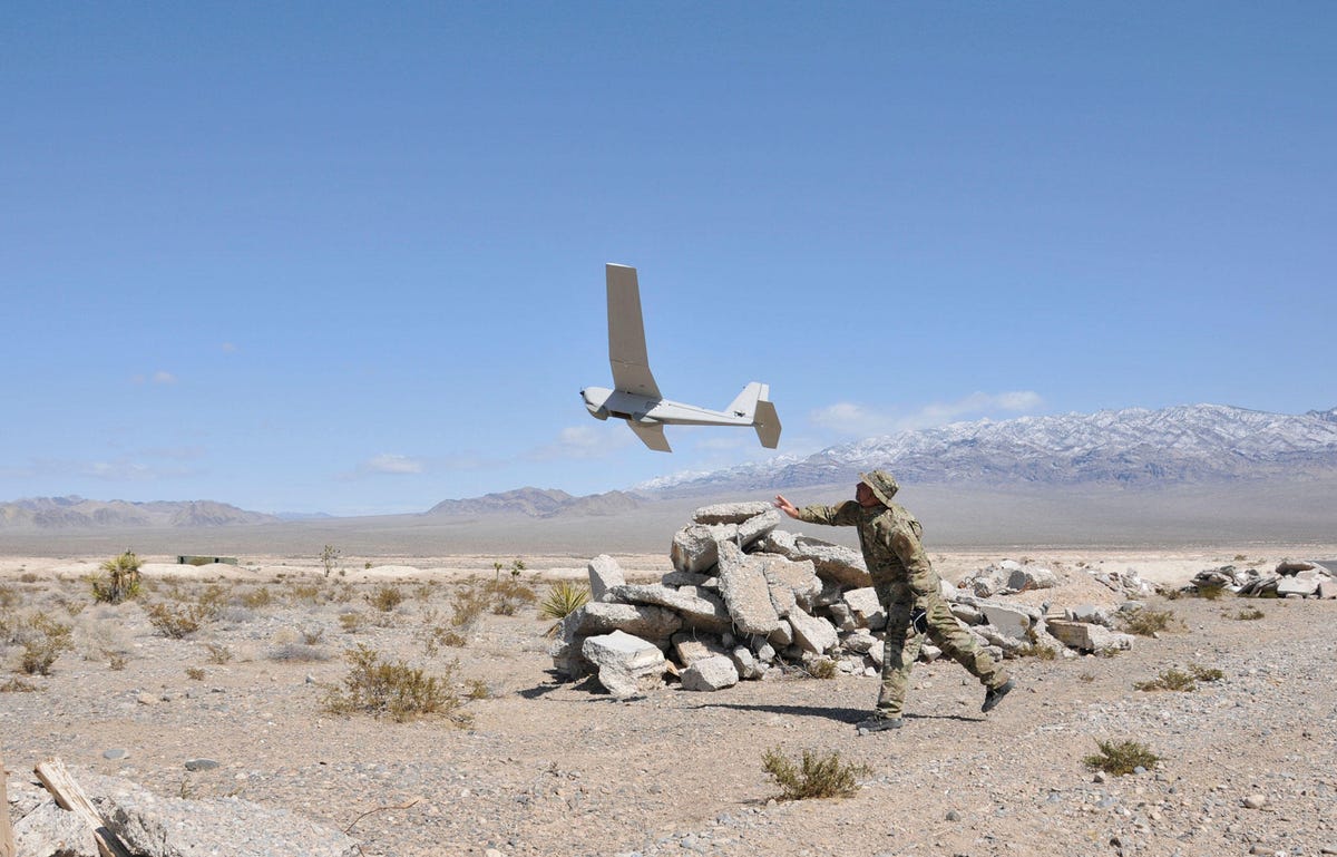 The AeroVironment Puma drone, already used by the military, can be launched by hand.