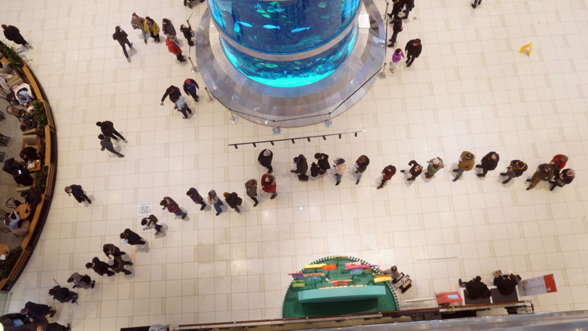 People in line for an ATM at a Moscow shopping mall on March 3.