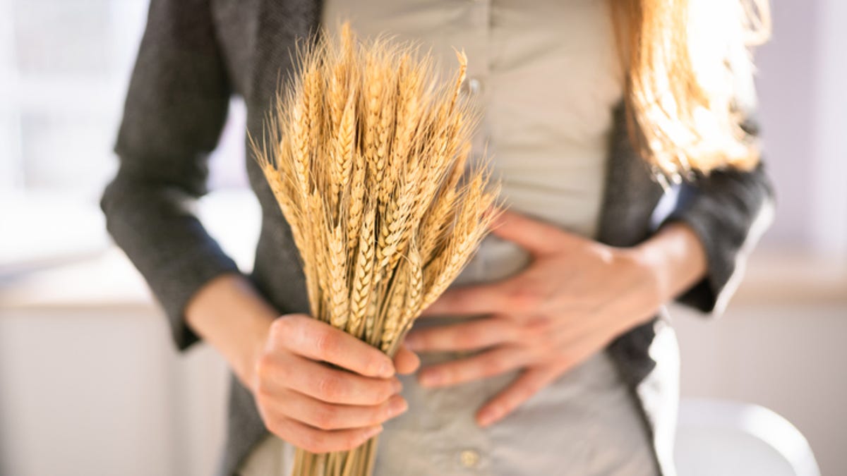 Person holding their stomach and a handful of wheat.
