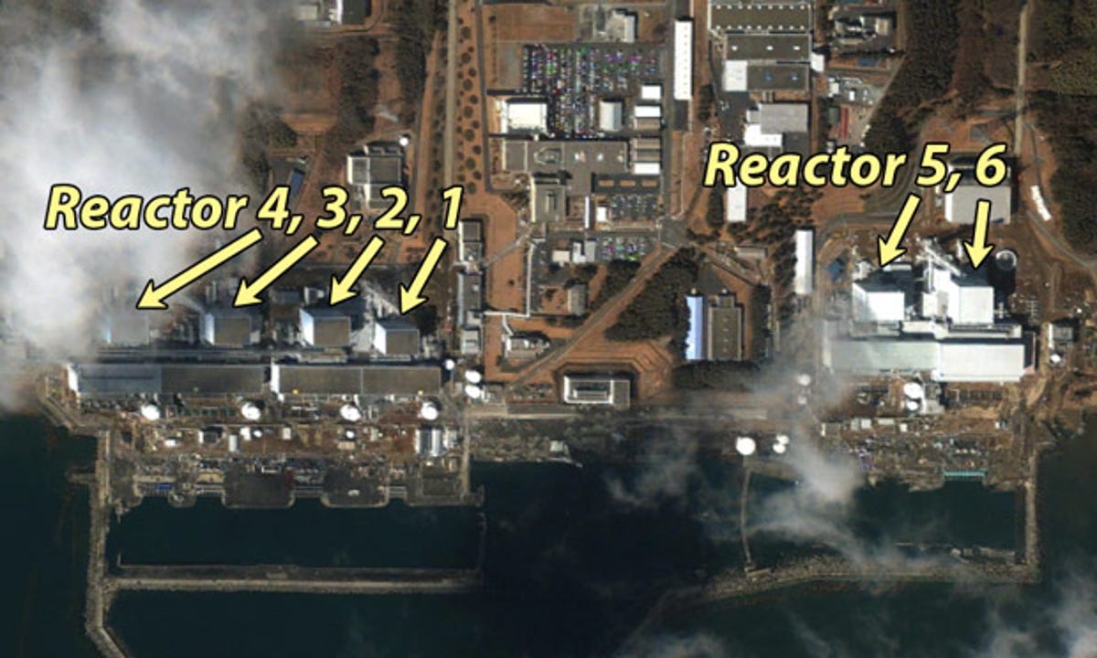 This illustration, based on GeoEye satellite photo viewed through Google Earth, shows the locations of the six Fukushima Daiichi nuclear reactors.