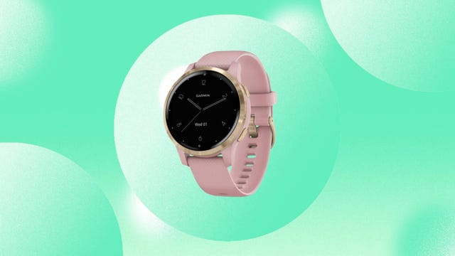 The Vivoactive 4S Garmin smartwatch is displayed against a mint green background.