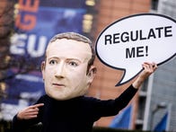 <p>An activist wearing a mask depicting Facebook CEO Mark Zuckerberg during an action marking the initial announcement of the Digital Services Act in Brussels in 2020.</p>