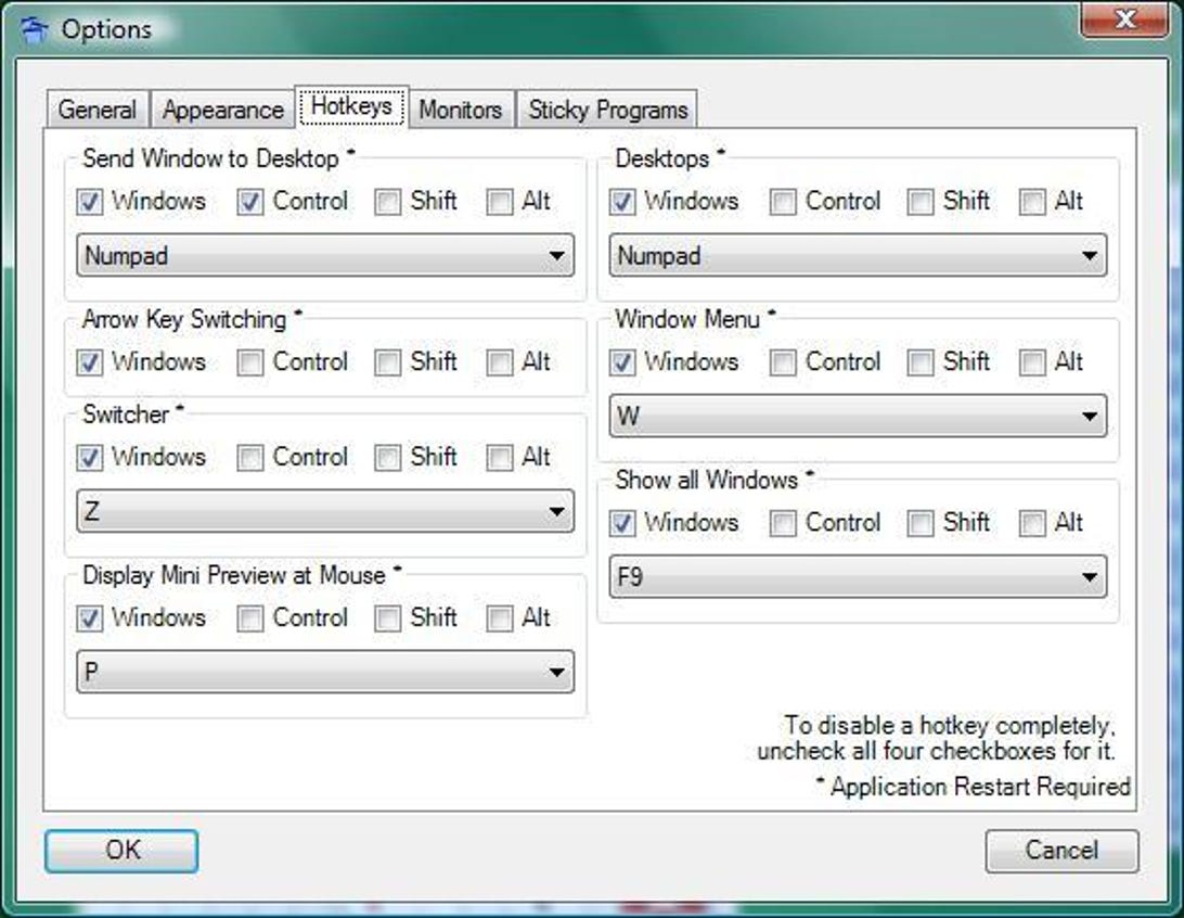 Options dialog box in Vista/XP Virtual Desktop Manager