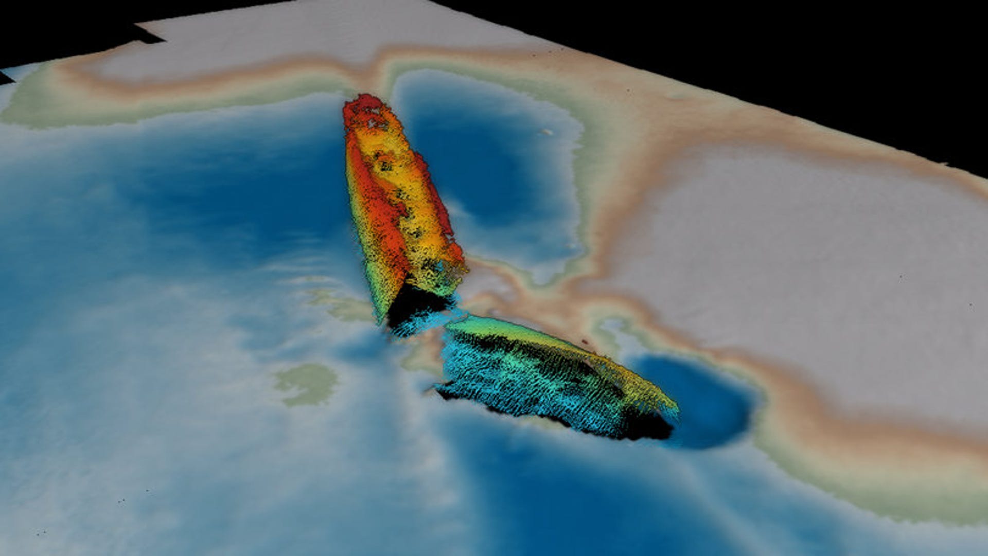 Colorful sonar image shows SS Mesaba broken in half.