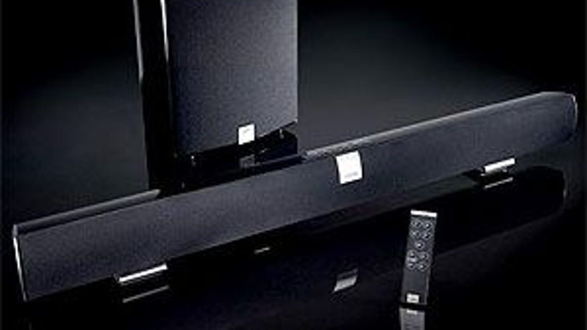 The shiny black Vizio VSB210WS features a wireless subwoofer.