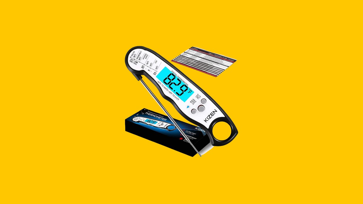 A Kizen Digital Meat Thermometer and temperature chart are displayed against a yellow background.