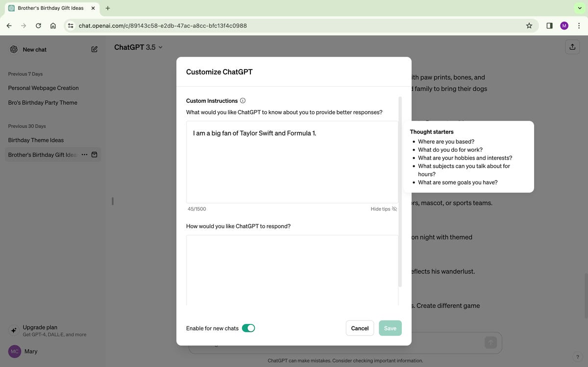 captura de pantalla de la pantalla de instrucciones personalizadas de ChatGPT