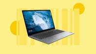 The Lenovo Ideapad 1 is displayed against a yellow background.