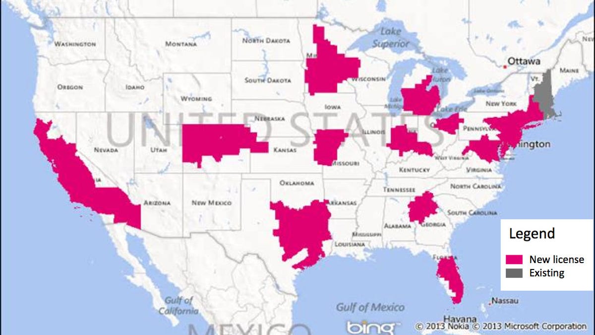The pink areas show regions where T-Mobile expects to buy low-frequency spectrum from Verizon Wireless.