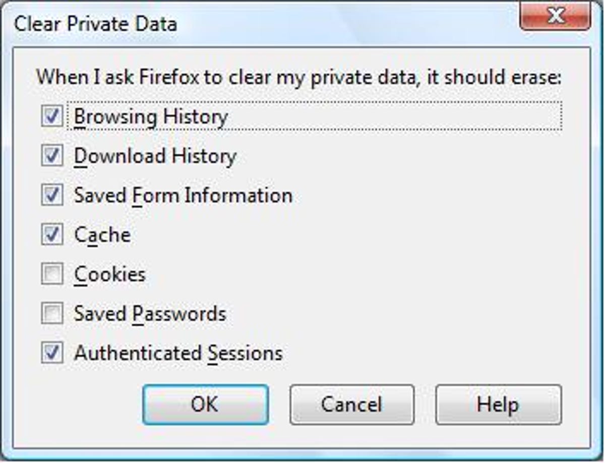 Mozilla Firefox Clear Private Data default settings