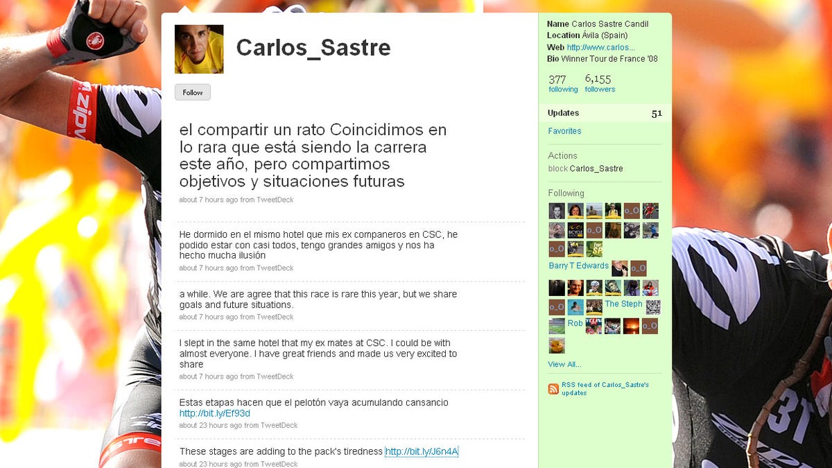 A screenshot taken from Carlos Sastre&apos;s Twitter account.