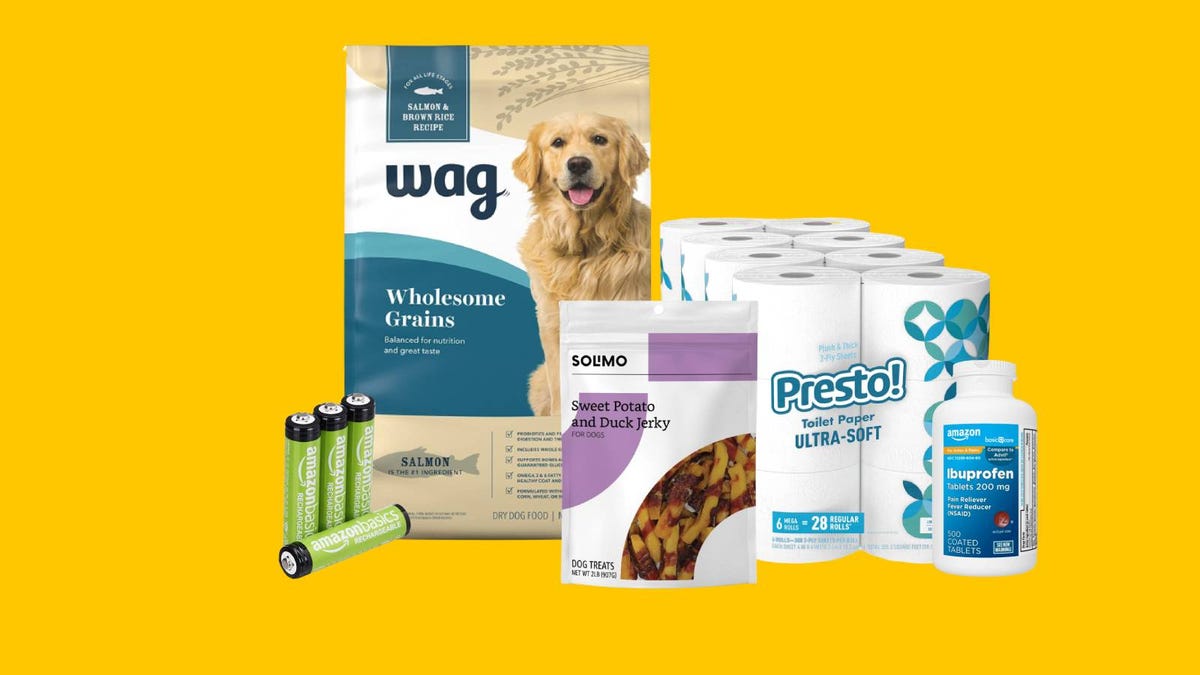 A collection of home goods, including dog food, paper towels, batteries and more, against a yellow background.